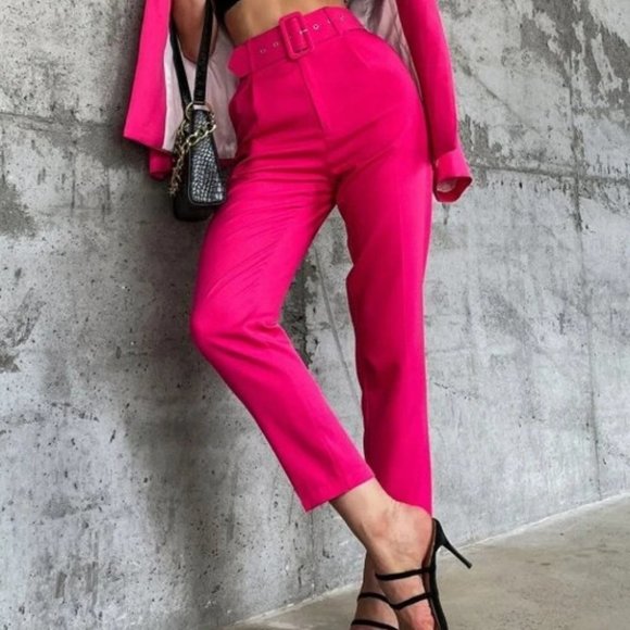 . Pants - Hot Pink Belted Classic business chicf Tapered Pants